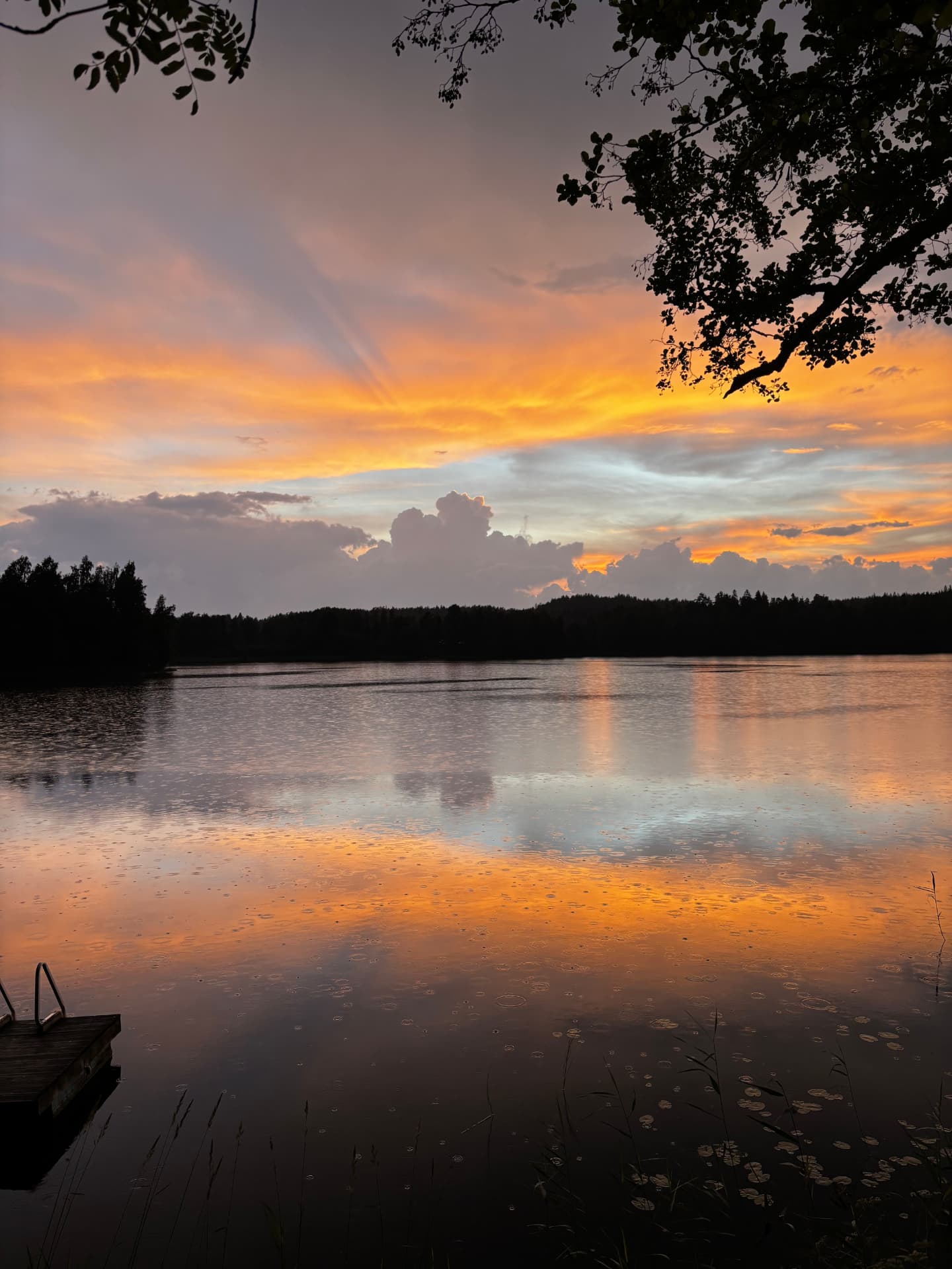Suomalainen järvimaisema auringonlaskun aikaan: tyyni vesi, rannan puiden siluetit ja lämmin hehku pilvissä.